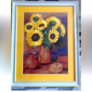 Ukrainian Handmade Silk Ribbon Embroidery Sunflowers In Vase Wall Home Decor